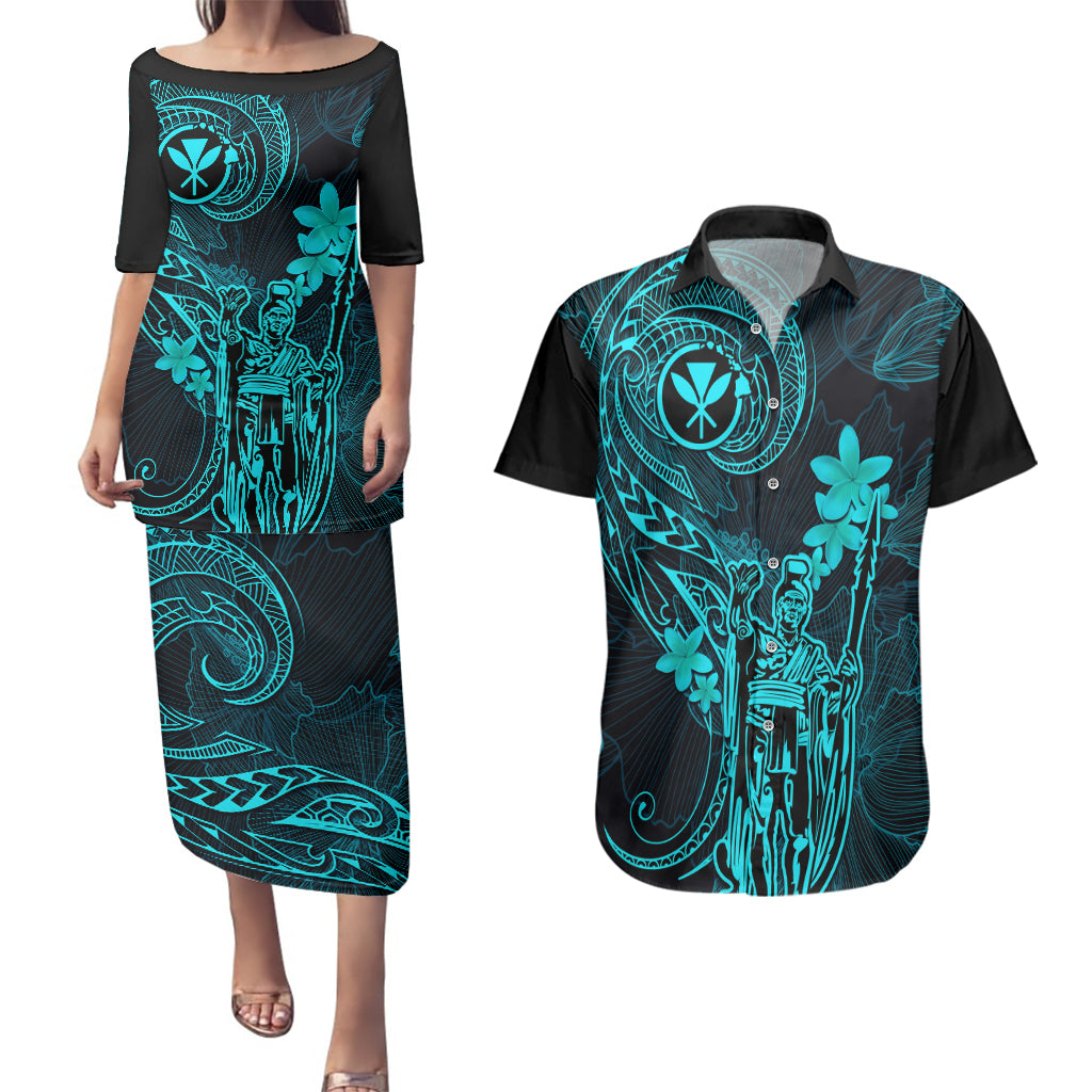 Hawaii Couples Matching Puletasi Dress and Hawaiian Shirt King Kamehameha Mix Polynesian Plumeria Turquoise Version LT14 Turquoise - Polynesian Pride