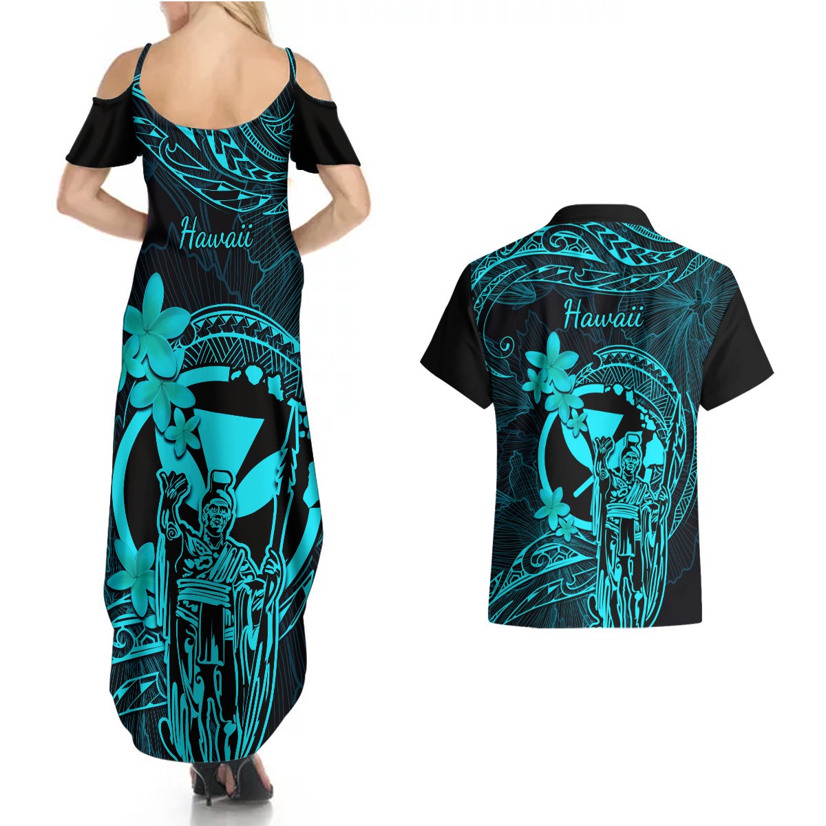 Hawaii Couples Matching Summer Maxi Dress and Hawaiian Shirt King Kamehameha Mix Polynesian Plumeria Turquoise Version LT14 - Polynesian Pride