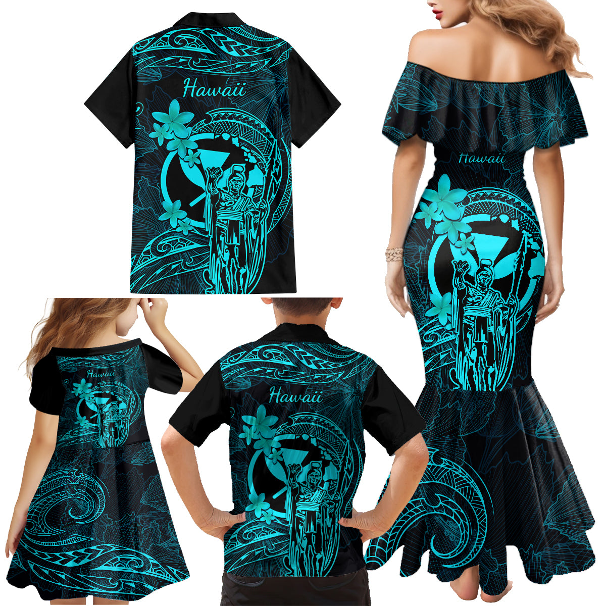 Hawaii Family Matching Mermaid Dress and Hawaiian Shirt King Kamehameha Mix Polynesian Plumeria Turquoise Version LT14 - Polynesian Pride