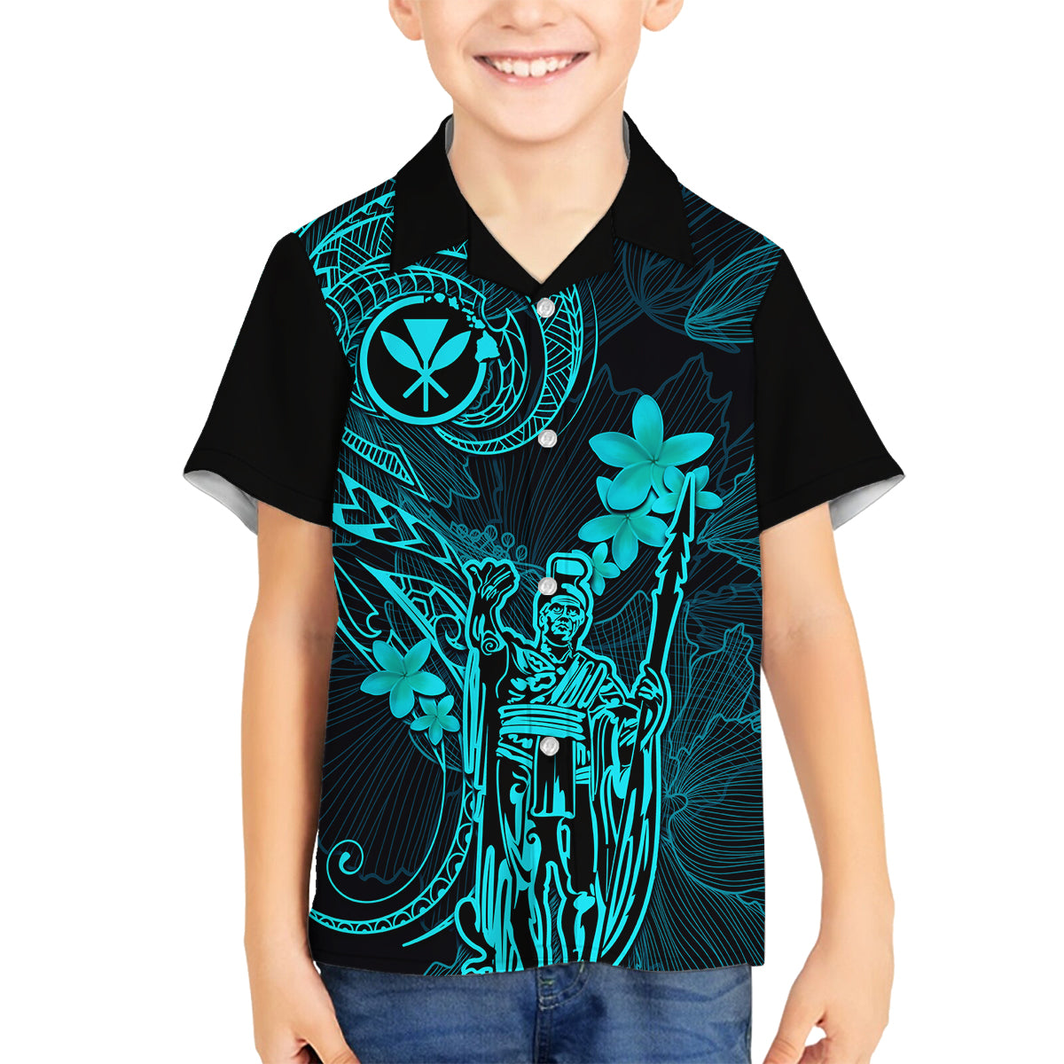 Hawaii Family Matching Off Shoulder Short Dress and Hawaiian Shirt King Kamehameha Mix Polynesian Plumeria Turquoise Version LT14 Son's Shirt Turquoise - Polynesian Pride