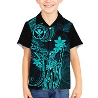Hawaii Family Matching Off Shoulder Short Dress and Hawaiian Shirt King Kamehameha Mix Polynesian Plumeria Turquoise Version LT14 Son's Shirt Turquoise - Polynesian Pride