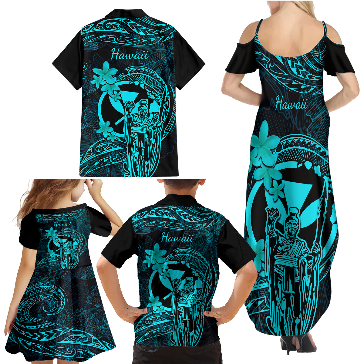 Hawaii Family Matching Summer Maxi Dress and Hawaiian Shirt King Kamehameha Mix Polynesian Plumeria Turquoise Version LT14 - Polynesian Pride