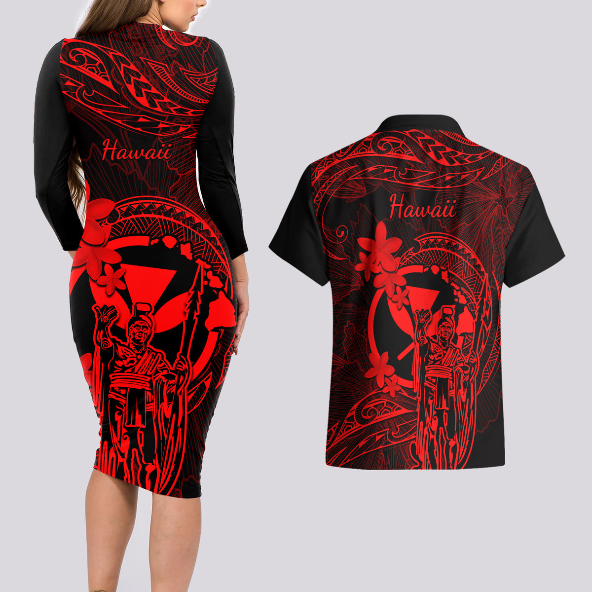 Hawaii Couples Matching Long Sleeve Bodycon Dress and Hawaiian Shirt King Kamehameha Mix Polynesian Plumeria Red Version LT14 - Polynesian Pride