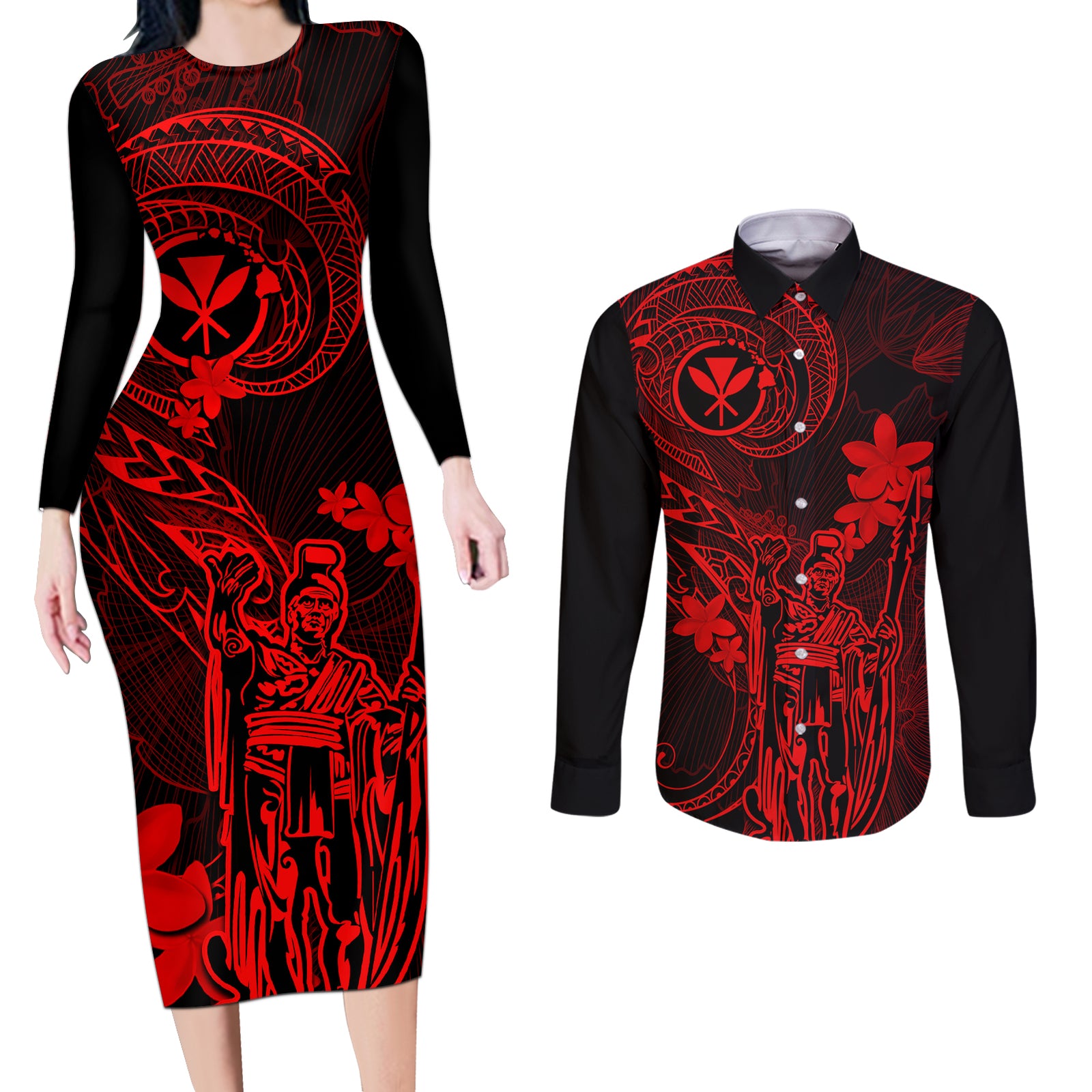 Hawaii Couples Matching Long Sleeve Bodycon Dress and Long Sleeve Button Shirts King Kamehameha Mix Polynesian Plumeria Red Version LT14 Red - Polynesian Pride