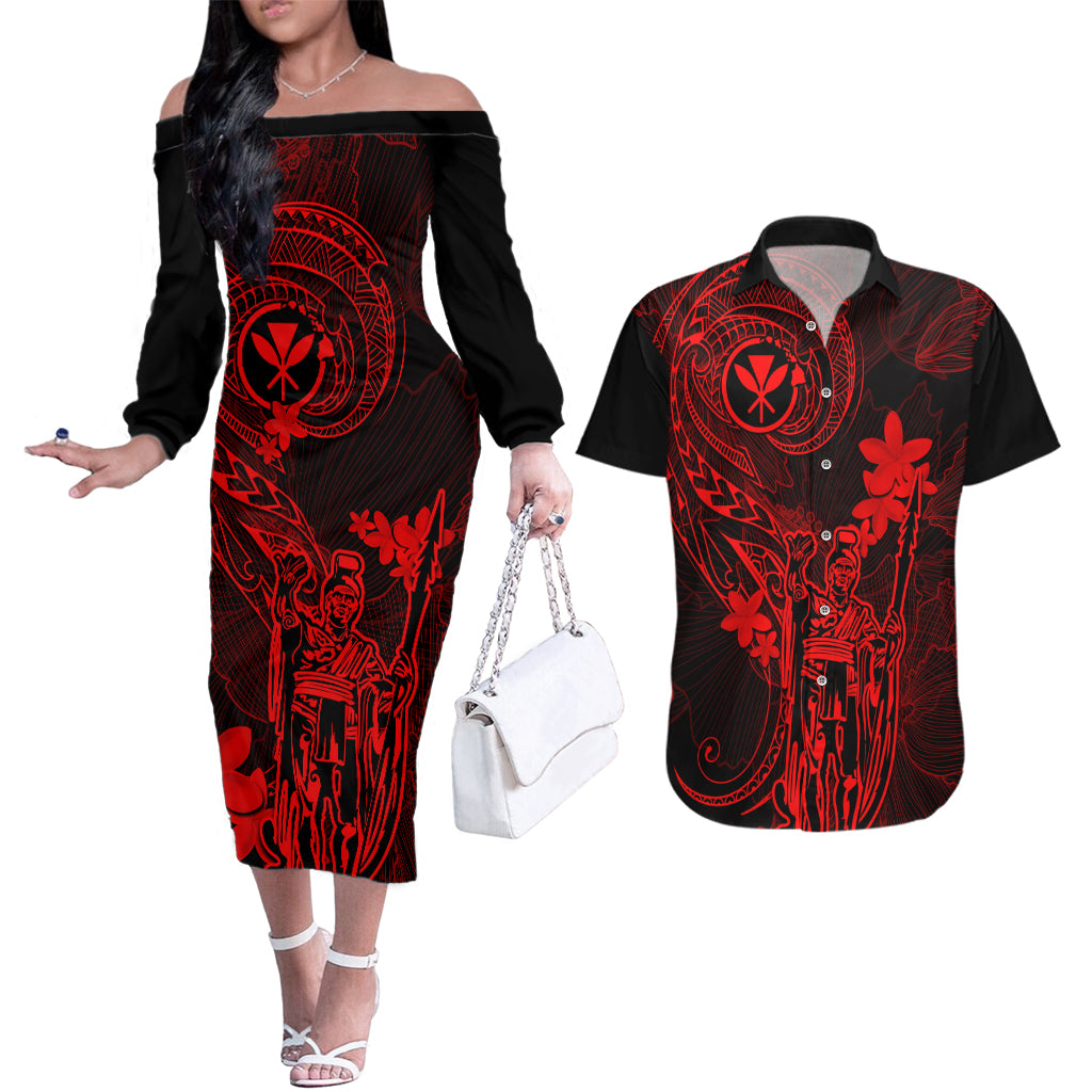 Hawaii Couples Matching Off The Shoulder Long Sleeve Dress and Hawaiian Shirt King Kamehameha Mix Polynesian Plumeria Red Version LT14 Red - Polynesian Pride