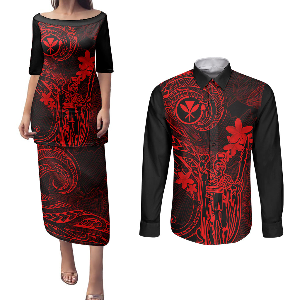 Hawaii Couples Matching Puletasi Dress and Long Sleeve Button Shirts King Kamehameha Mix Polynesian Plumeria Red Version LT14 Red - Polynesian Pride