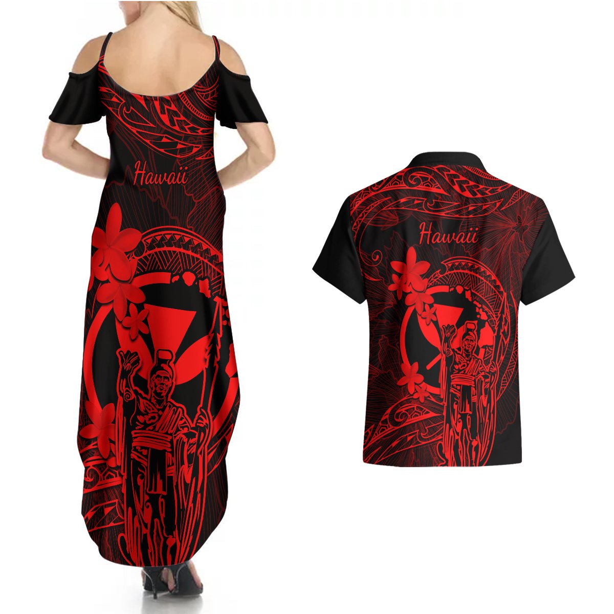 Hawaii Couples Matching Summer Maxi Dress and Hawaiian Shirt King Kamehameha Mix Polynesian Plumeria Red Version LT14 - Polynesian Pride