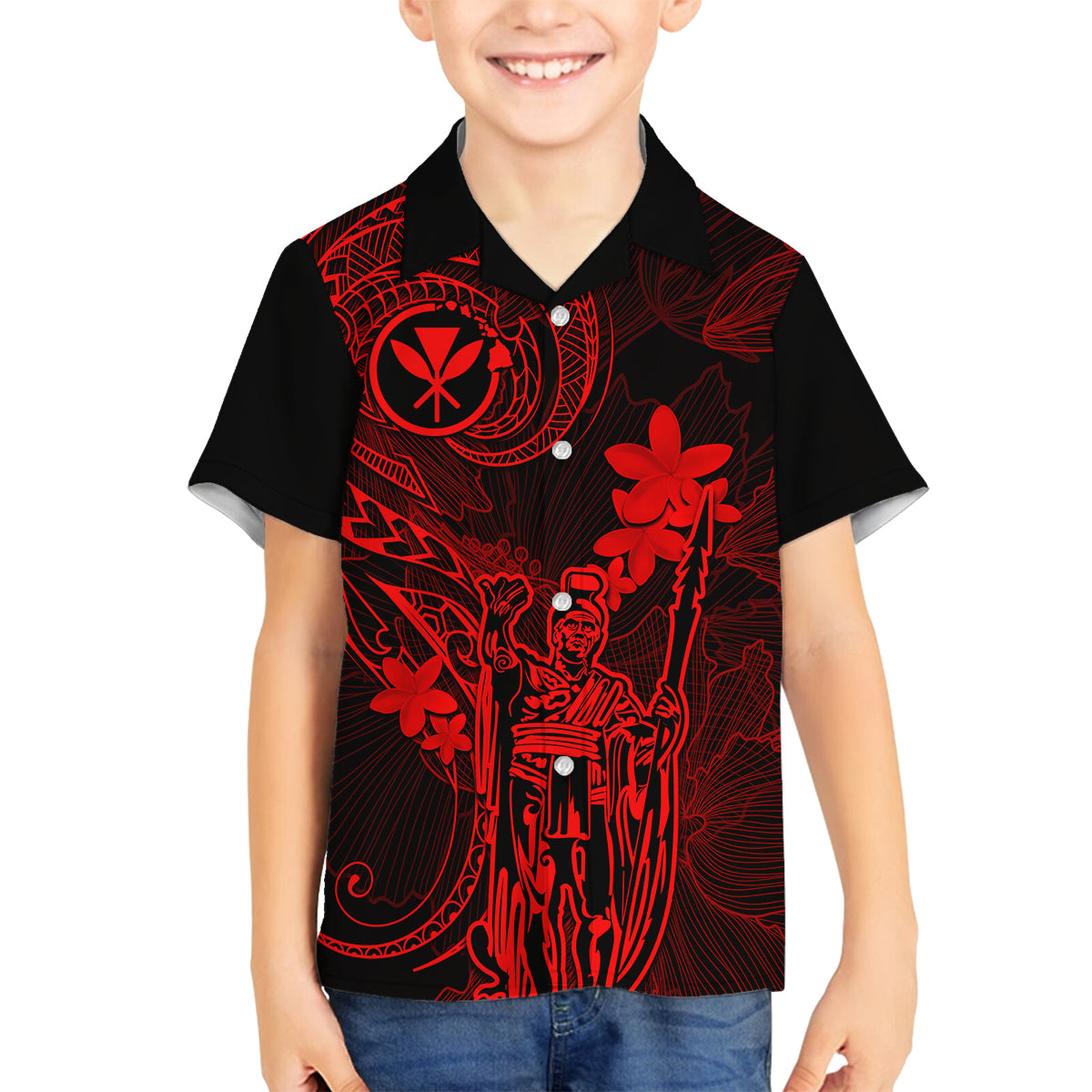 Hawaii Family Matching Off Shoulder Maxi Dress and Hawaiian Shirt King Kamehameha Mix Polynesian Plumeria Red Version LT14 Son's Shirt Red - Polynesian Pride