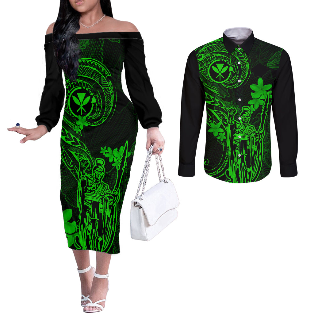 Hawaii Couples Matching Off The Shoulder Long Sleeve Dress and Long Sleeve Button Shirts King Kamehameha Mix Polynesian Plumeria Green Version LT14 Green - Polynesian Pride