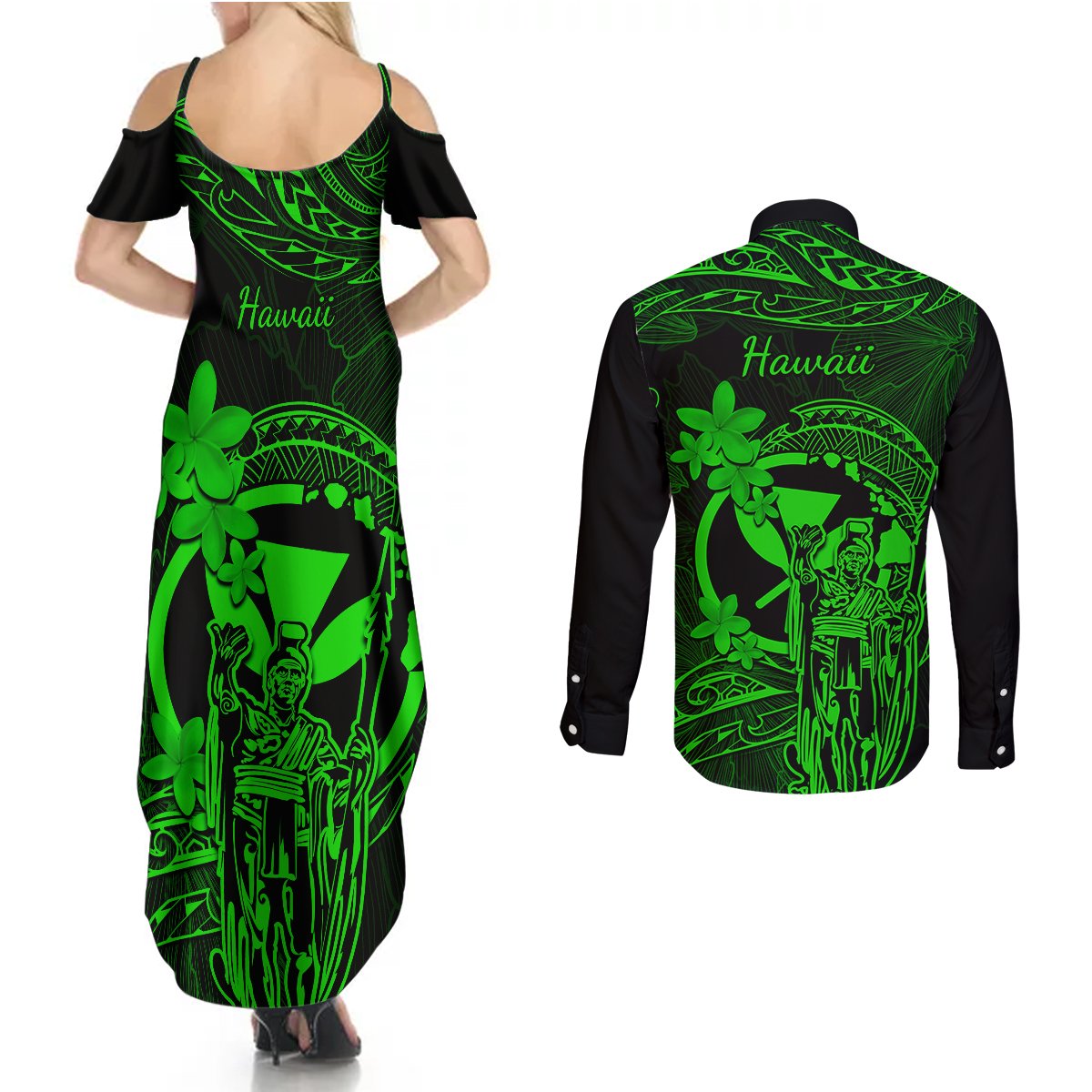 Hawaii Couples Matching Summer Maxi Dress and Long Sleeve Button Shirts King Kamehameha Mix Polynesian Plumeria Green Version LT14 - Polynesian Pride