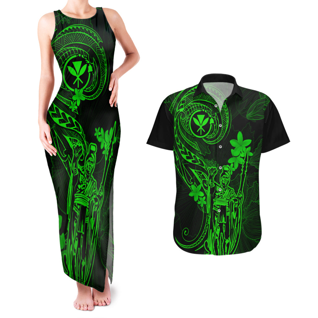 Hawaii Couples Matching Tank Maxi Dress and Hawaiian Shirt King Kamehameha Mix Polynesian Plumeria Green Version LT14 Green - Polynesian Pride