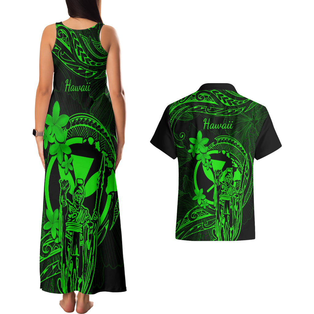 Hawaii Couples Matching Tank Maxi Dress and Hawaiian Shirt King Kamehameha Mix Polynesian Plumeria Green Version LT14 - Polynesian Pride