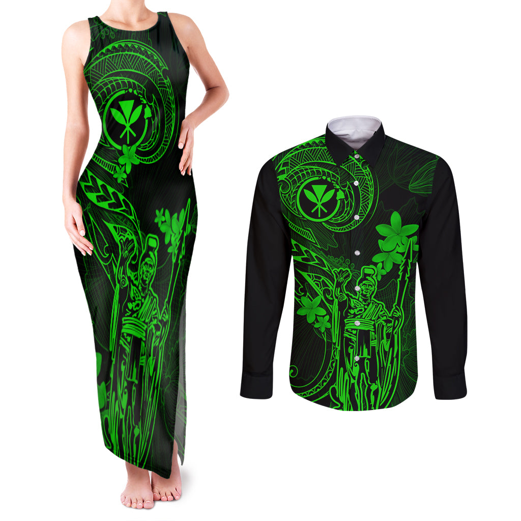 Hawaii Couples Matching Tank Maxi Dress and Long Sleeve Button Shirts King Kamehameha Mix Polynesian Plumeria Green Version LT14 Green - Polynesian Pride