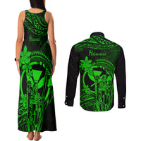 Hawaii Couples Matching Tank Maxi Dress and Long Sleeve Button Shirts King Kamehameha Mix Polynesian Plumeria Green Version LT14 - Polynesian Pride