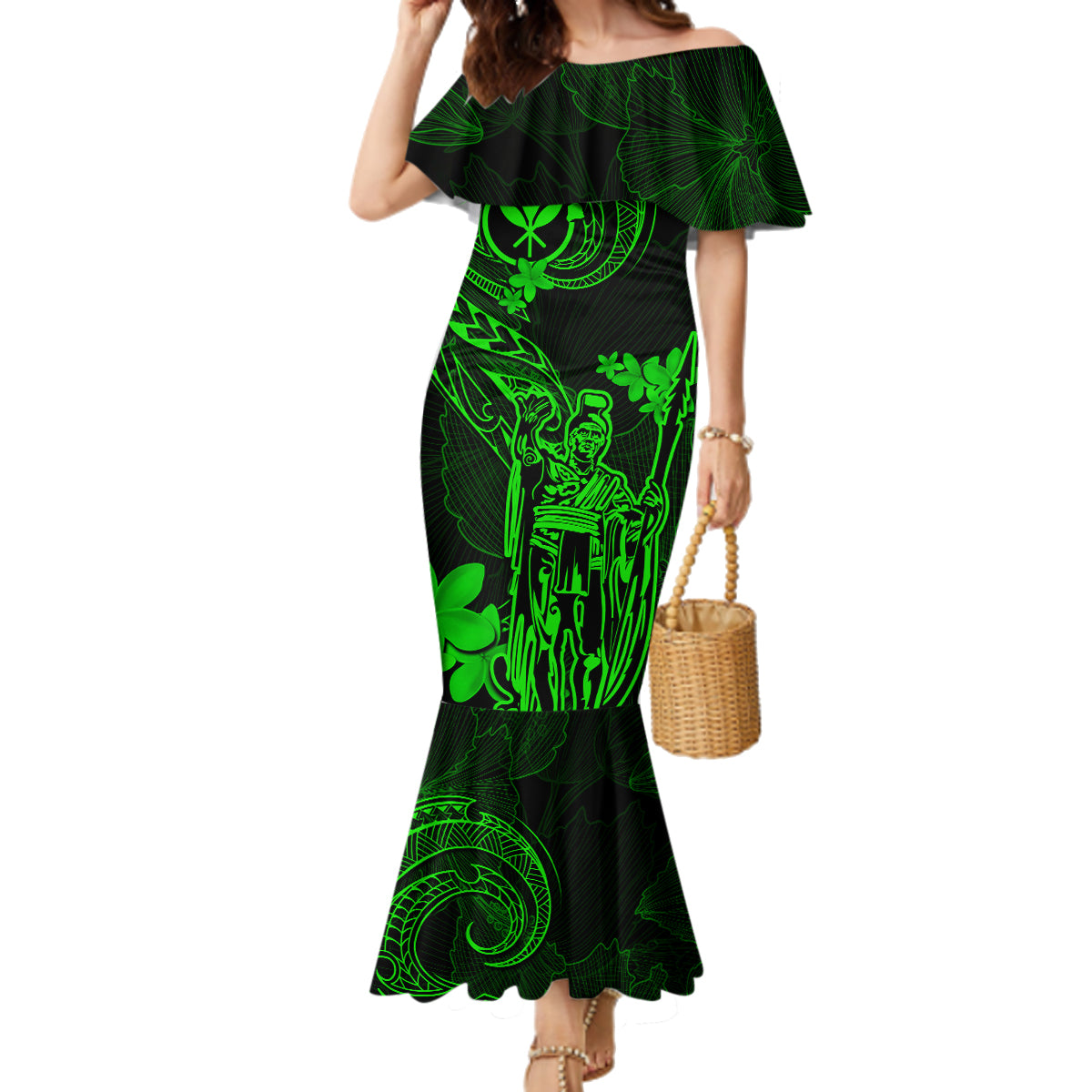 Hawaii Family Matching Mermaid Dress and Hawaiian Shirt King Kamehameha Mix Polynesian Plumeria Green Version LT14 Mom's Dress Green - Polynesian Pride