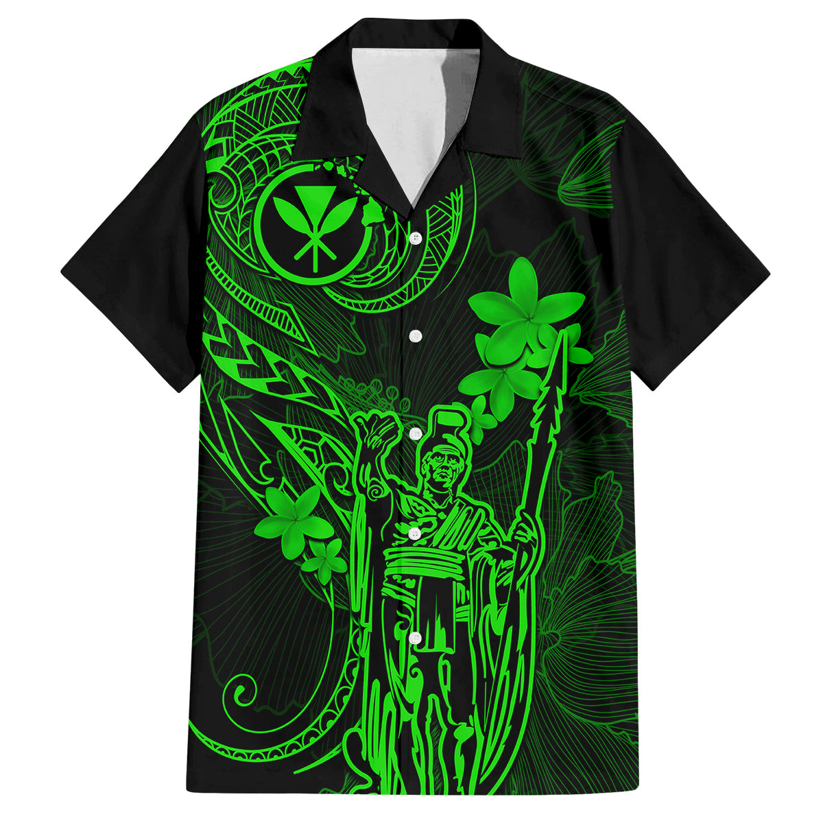 Hawaii Family Matching Summer Maxi Dress and Hawaiian Shirt King Kamehameha Mix Polynesian Plumeria Green Version LT14 Dad's Shirt - Short Sleeve Green - Polynesian Pride