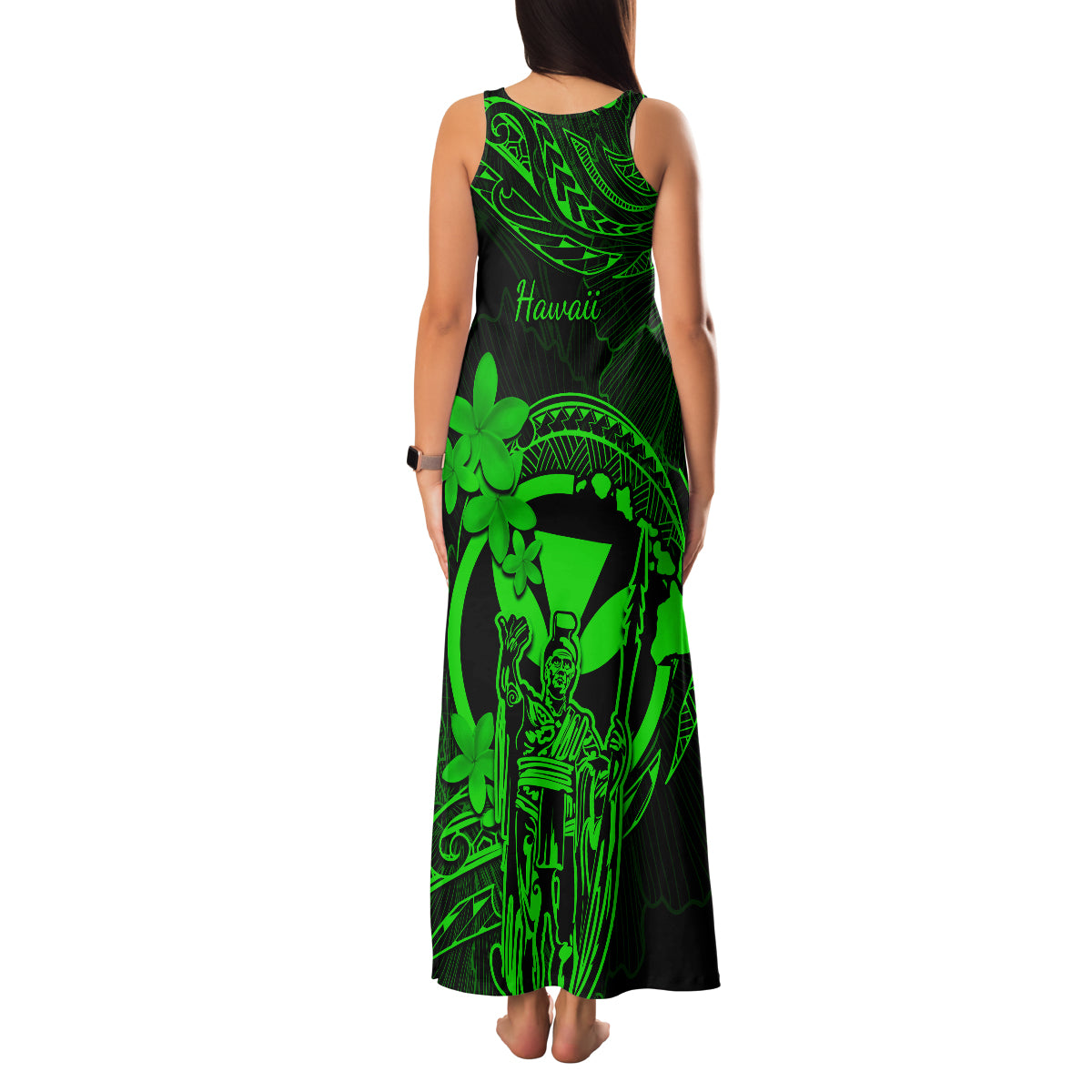 Hawaii Family Matching Tank Maxi Dress and Hawaiian Shirt King Kamehameha Mix Polynesian Plumeria Green Version LT14 - Polynesian Pride