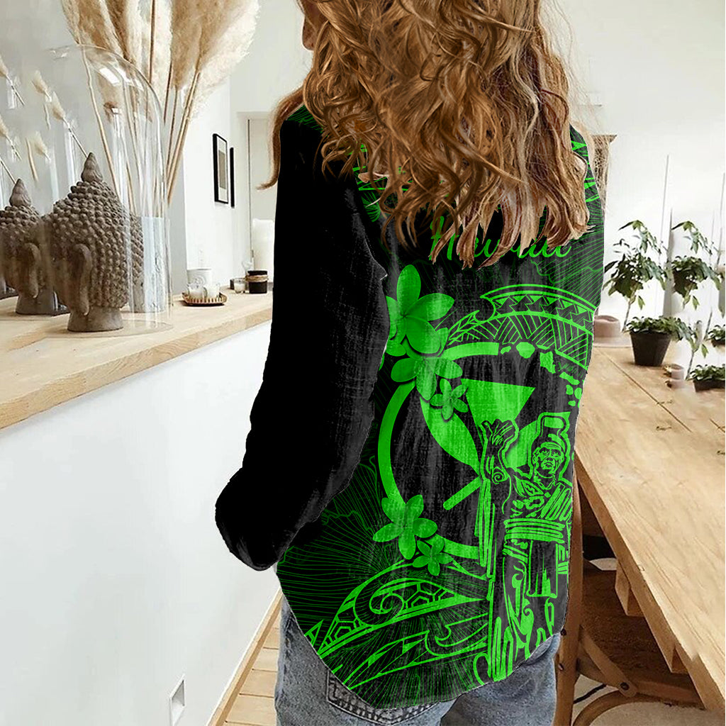 Hawaii Women Casual Shirt King Kamehameha Mix Polynesian Plumeria Green Version LT14 - Polynesian Pride