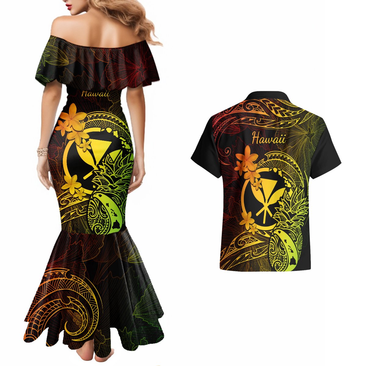 Hawaii Couples Matching Mermaid Dress and Hawaiian Shirt Pineapple Mix Polynesian Plumeria Reggae Version LT14 - Polynesian Pride