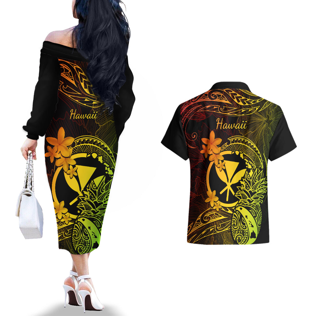 Hawaii Couples Matching Off The Shoulder Long Sleeve Dress and Hawaiian Shirt Pineapple Mix Polynesian Plumeria Reggae Version LT14 - Polynesian Pride