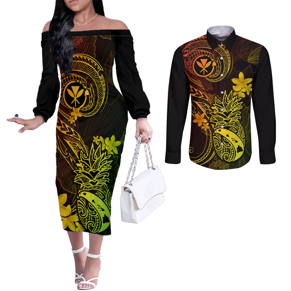 Hawaii Couples Matching Off The Shoulder Long Sleeve Dress and Long Sleeve Button Shirts Pineapple Mix Polynesian Plumeria Reggae Version LT14 Reggae - Polynesian Pride