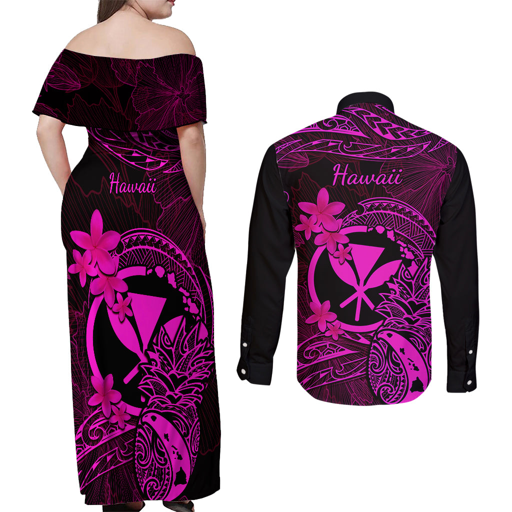 Hawaii Couples Matching Off Shoulder Maxi Dress and Long Sleeve Button Shirts Pineapple Mix Polynesian Plumeria Pink Version LT14 - Polynesian Pride