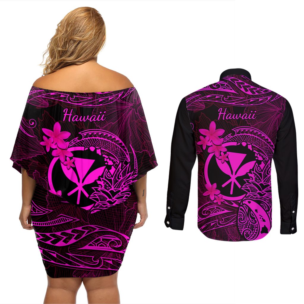 Hawaii Couples Matching Off Shoulder Short Dress and Long Sleeve Button Shirts Pineapple Mix Polynesian Plumeria Pink Version LT14 - Polynesian Pride