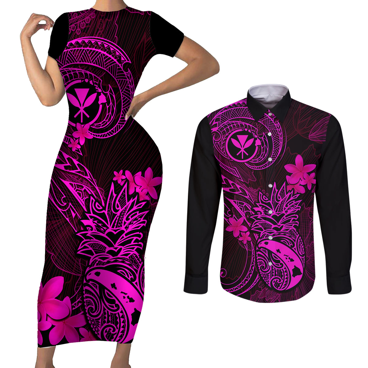 Hawaii Couples Matching Short Sleeve Bodycon Dress and Long Sleeve Button Shirts Pineapple Mix Polynesian Plumeria Pink Version LT14 Pink - Polynesian Pride