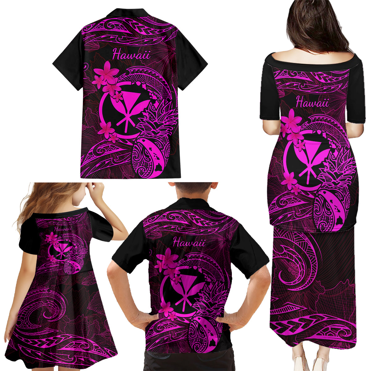 Hawaii Family Matching Puletasi Dress and Hawaiian Shirt Pineapple Mix Polynesian Plumeria Pink Version LT14 - Polynesian Pride