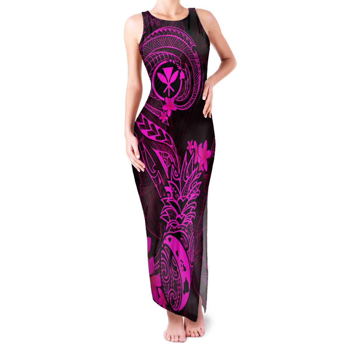 Hawaii Family Matching Tank Maxi Dress and Hawaiian Shirt Pineapple Mix Polynesian Plumeria Pink Version LT14 Mom's Dress Pink - Polynesian Pride
