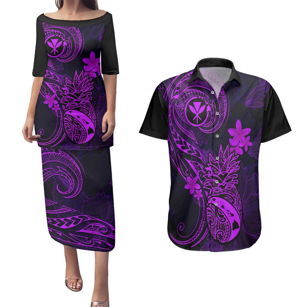 Hawaii Couples Matching Puletasi Dress and Hawaiian Shirt Pineapple Mix Polynesian Plumeria Purple Version LT14 Purple - Polynesian Pride