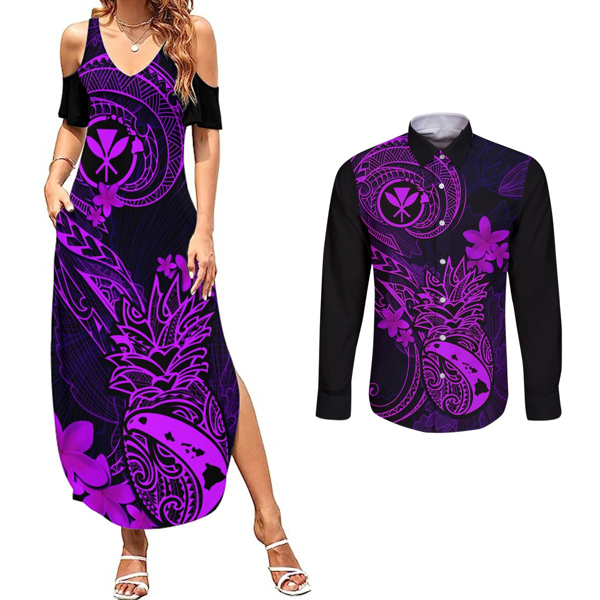 Hawaii Couples Matching Summer Maxi Dress and Long Sleeve Button Shirts Pineapple Mix Polynesian Plumeria Purple Version LT14 Purple - Polynesian Pride