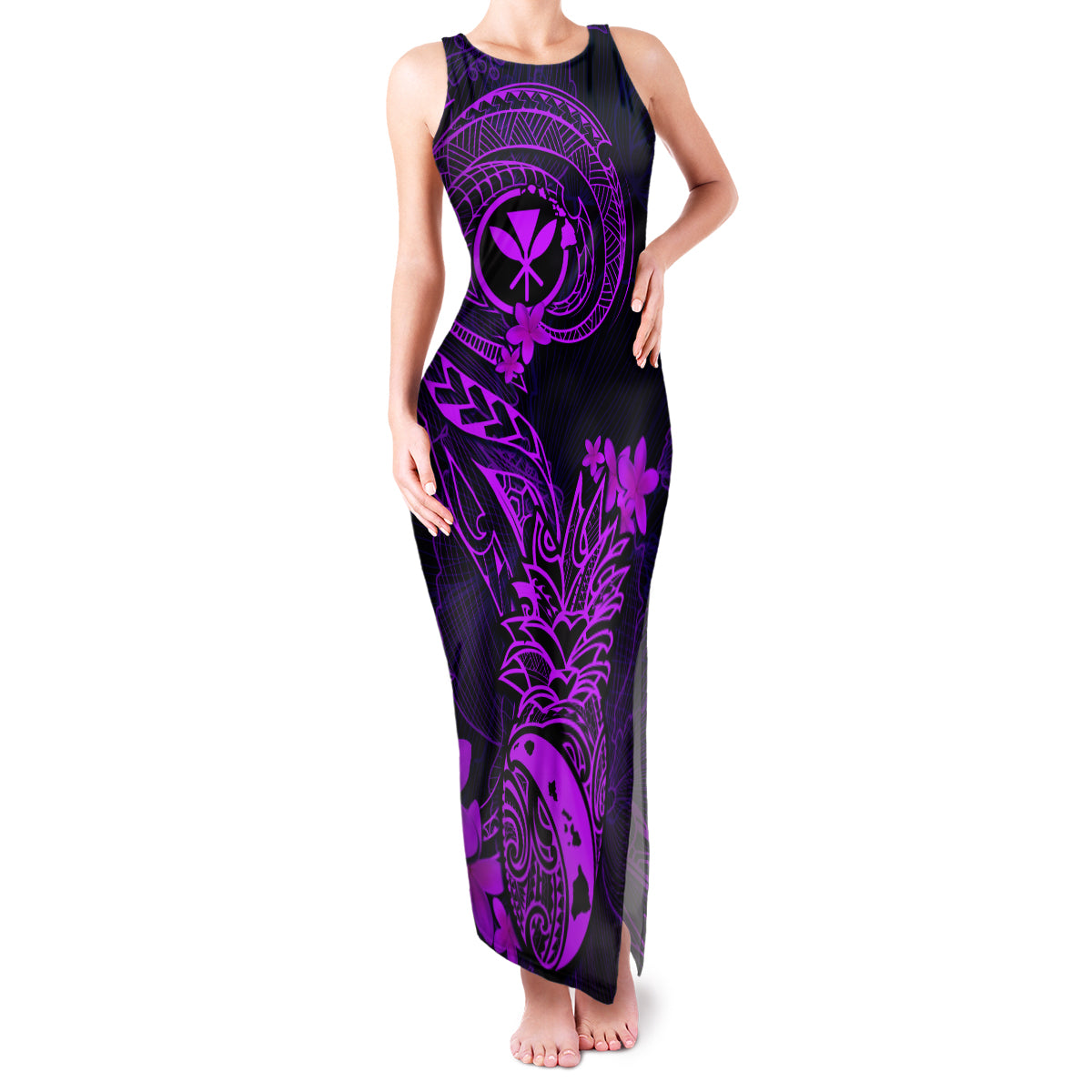 Hawaii Family Matching Tank Maxi Dress and Hawaiian Shirt Pineapple Mix Polynesian Plumeria Purple Version LT14 Mom's Dress Purple - Polynesian Pride