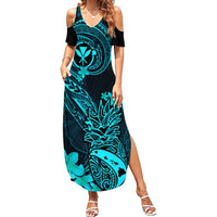 Hawaii Family Matching Summer Maxi Dress and Hawaiian Shirt Pineapple Mix Polynesian Plumeria Turquoise Version LT14 Daughter's Dress Turquoise - Polynesian Pride