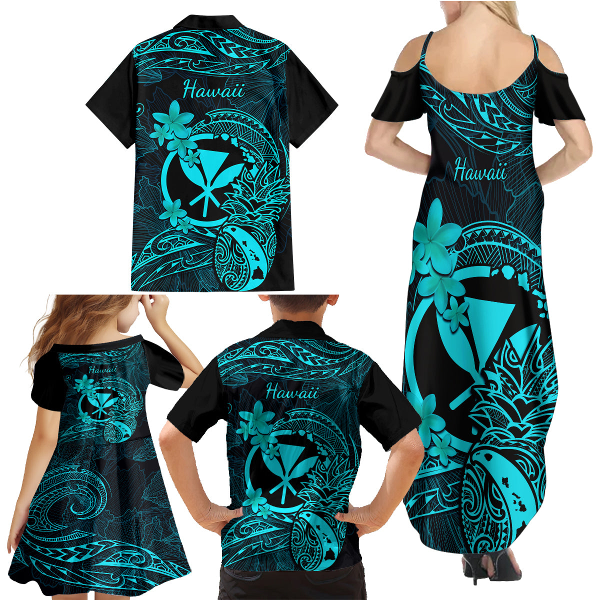 Hawaii Family Matching Summer Maxi Dress and Hawaiian Shirt Pineapple Mix Polynesian Plumeria Turquoise Version LT14 - Polynesian Pride