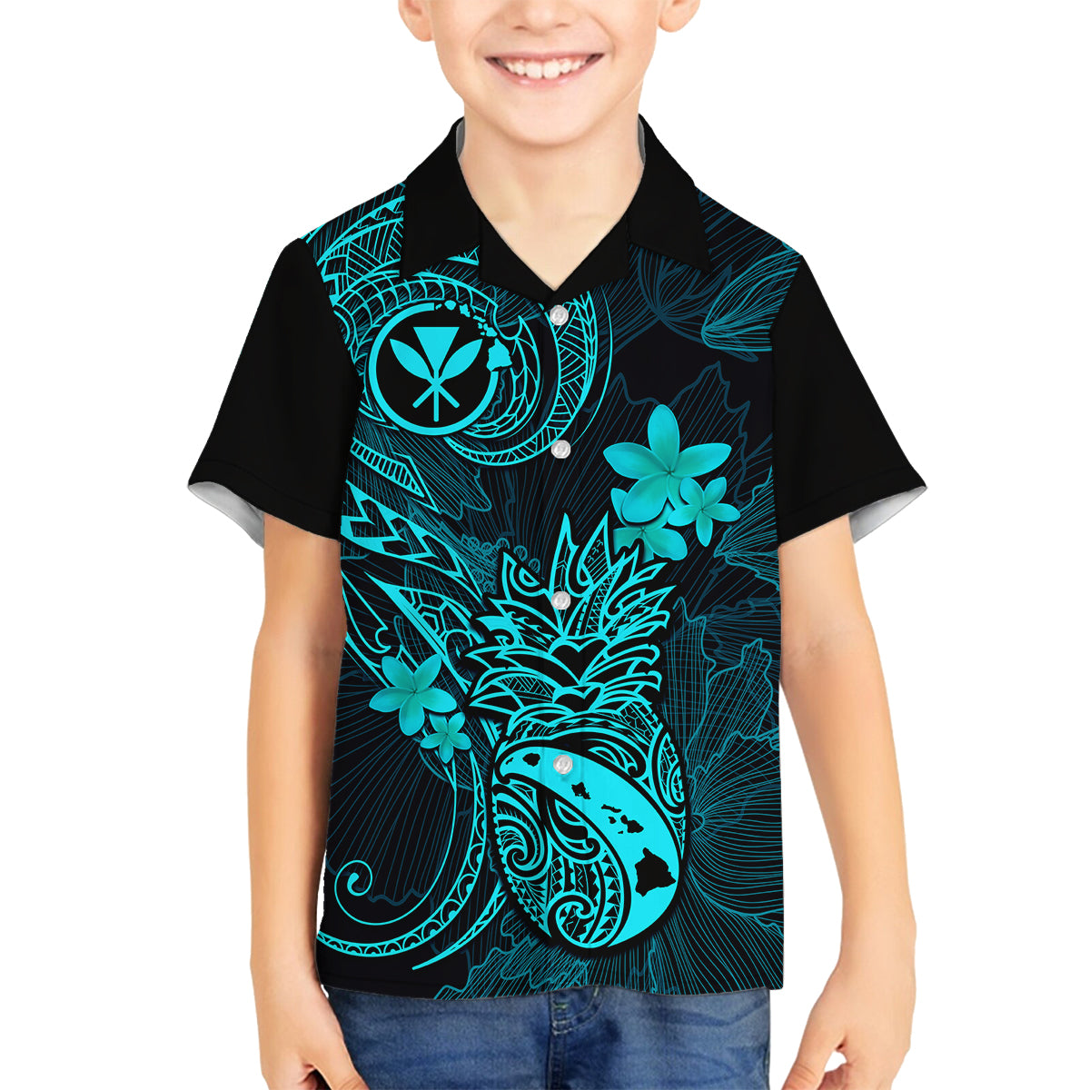 Hawaii Kid Hawaiian Shirt Pineapple Mix Polynesian Plumeria Turquoise Version LT14 - Polynesian Pride