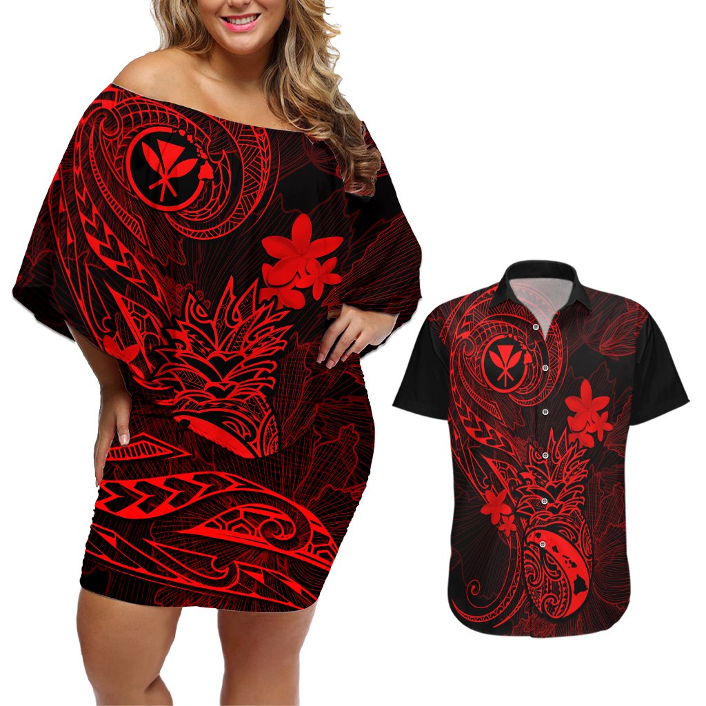 Hawaii Couples Matching Off Shoulder Short Dress and Hawaiian Shirt Pineapple Mix Polynesian Plumeria Red Version LT14 Red - Polynesian Pride