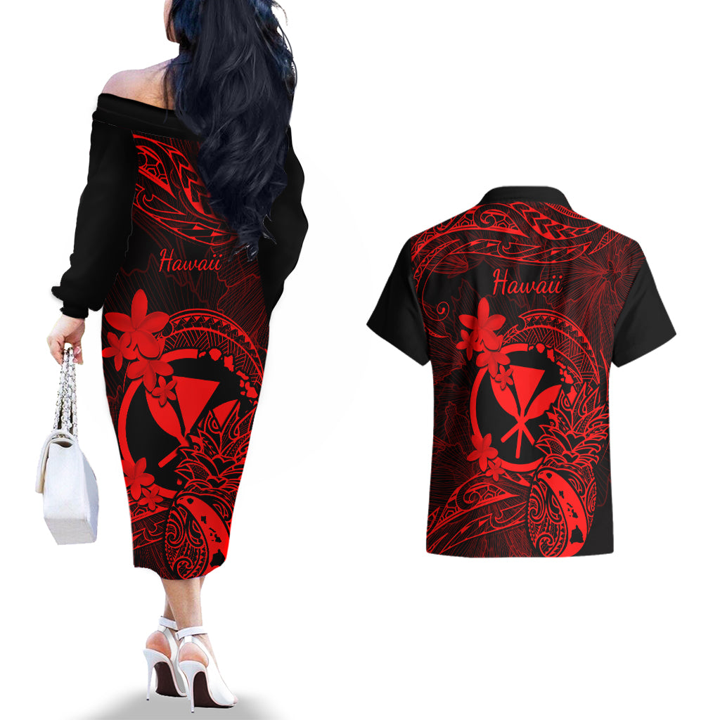 Hawaii Couples Matching Off The Shoulder Long Sleeve Dress and Hawaiian Shirt Pineapple Mix Polynesian Plumeria Red Version LT14 - Polynesian Pride