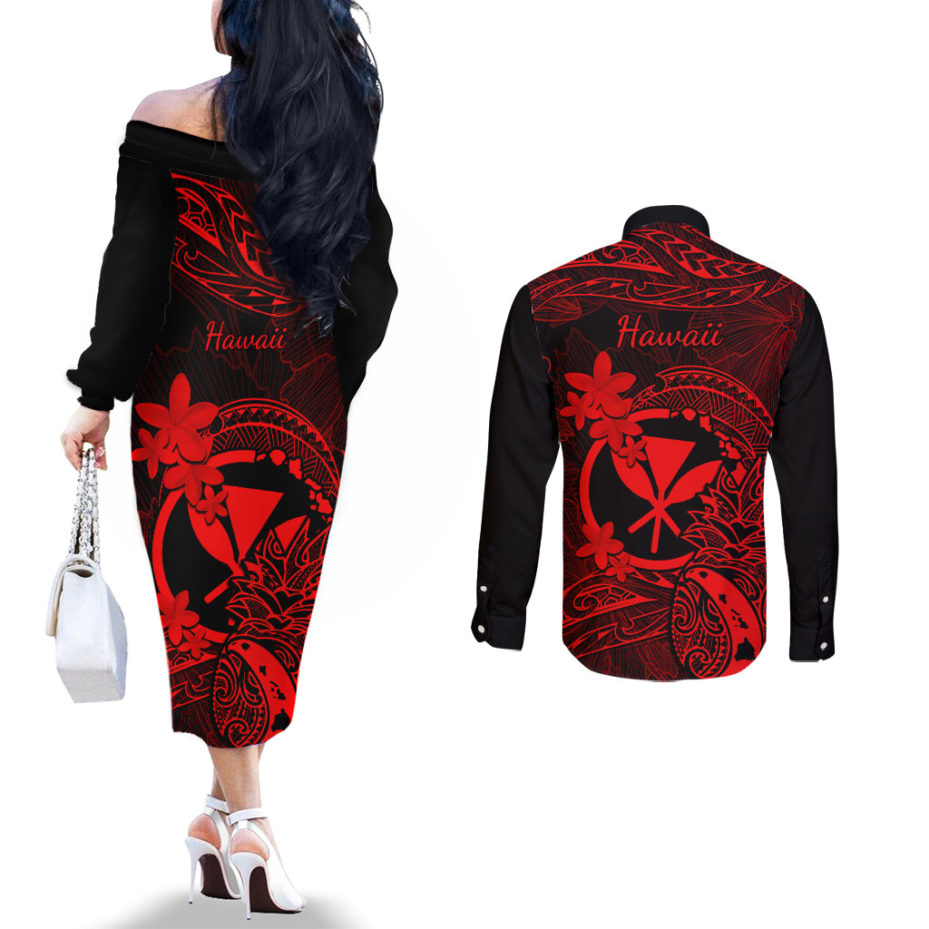 Hawaii Couples Matching Off The Shoulder Long Sleeve Dress and Long Sleeve Button Shirts Pineapple Mix Polynesian Plumeria Red Version LT14 - Polynesian Pride
