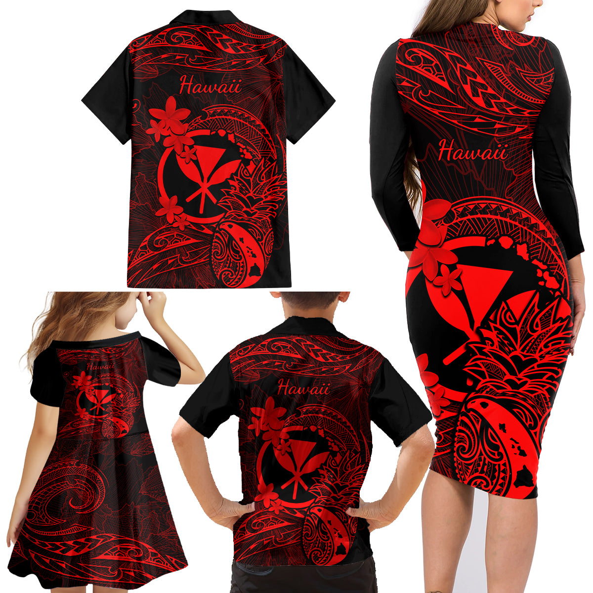 Hawaii Family Matching Long Sleeve Bodycon Dress and Hawaiian Shirt Pineapple Mix Polynesian Plumeria Red Version LT14 - Polynesian Pride