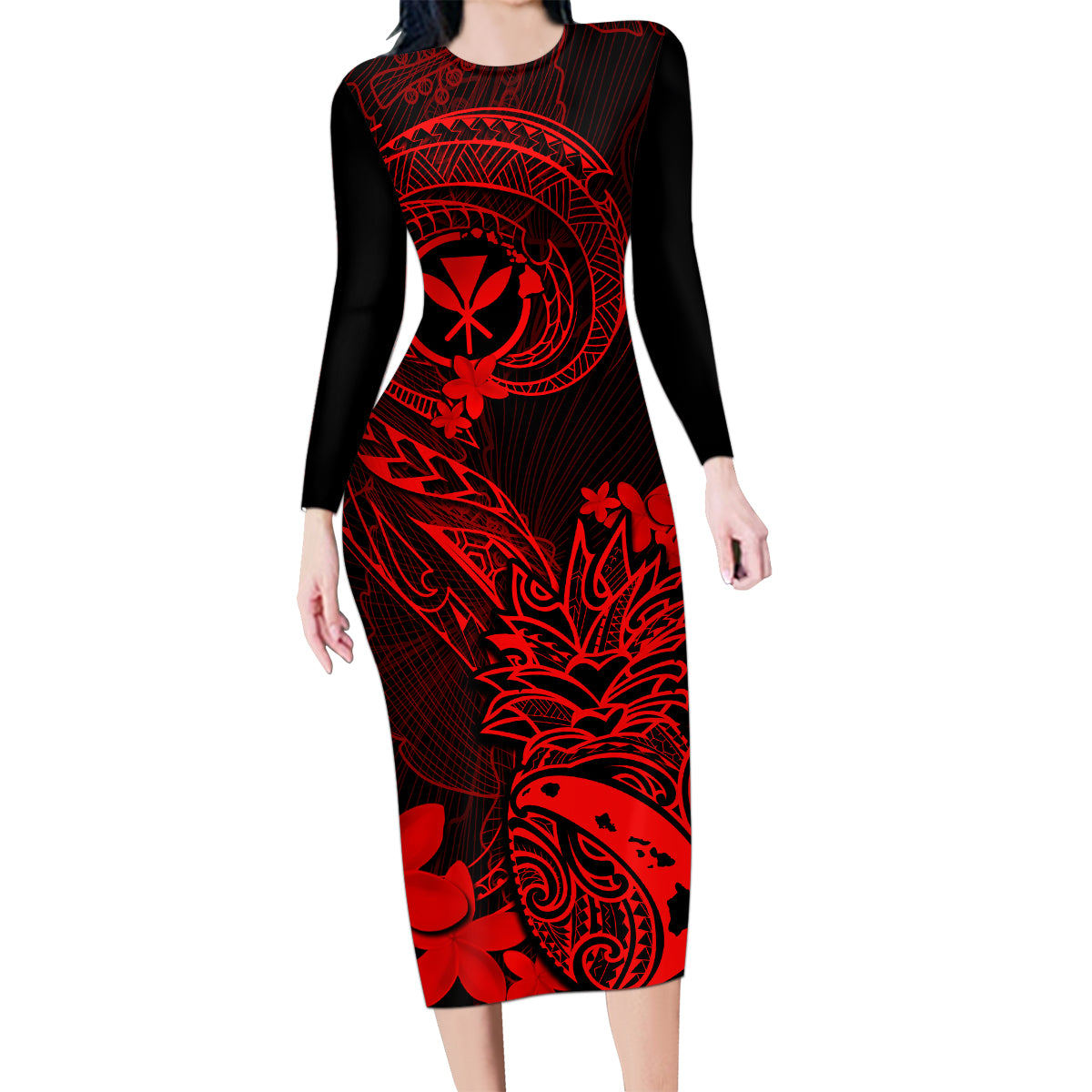 Hawaii Family Matching Long Sleeve Bodycon Dress and Hawaiian Shirt Pineapple Mix Polynesian Plumeria Red Version LT14 Mom's Dress Red - Polynesian Pride