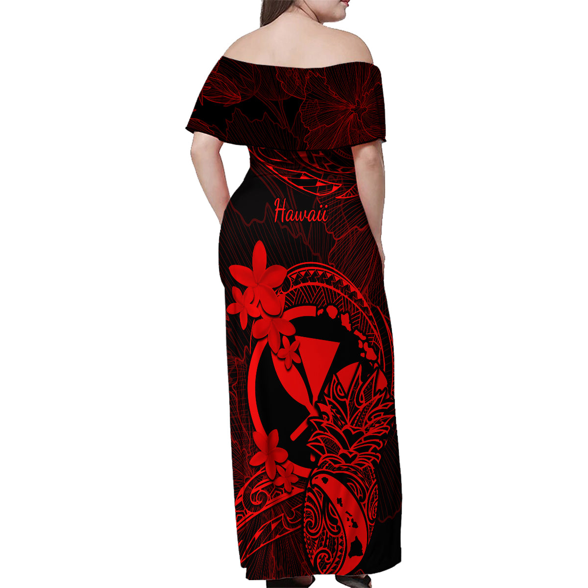 hawaii-family-matching-off-shoulder-maxi-dress-and-hawaiian-shirt-pineapple-mix-polynesian-plumeria-red-version