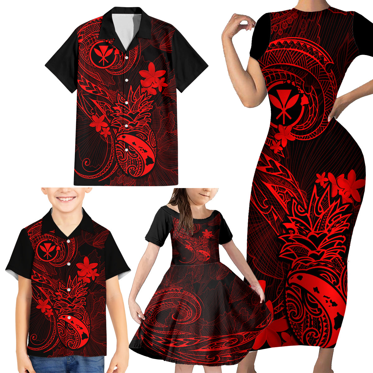 Hawaii Family Matching Short Sleeve Bodycon Dress and Hawaiian Shirt Pineapple Mix Polynesian Plumeria Red Version LT14 - Polynesian Pride