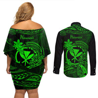 hawaii-couples-matching-off-shoulder-short-dress-and-long-sleeve-button-shirts-pineapple-mix-polynesian-plumeria-green-version