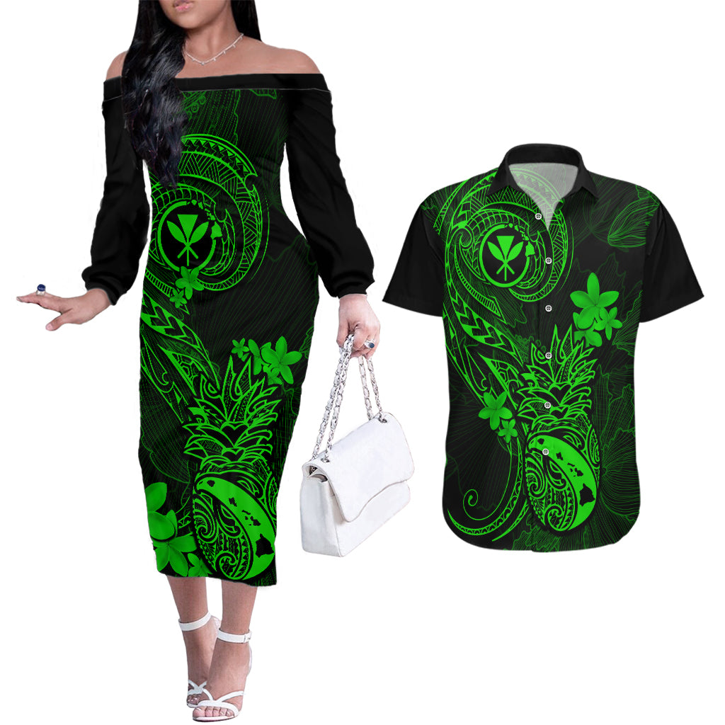 hawaii-couples-matching-off-the-shoulder-long-sleeve-dress-and-hawaiian-shirt-pineapple-mix-polynesian-plumeria-green-version