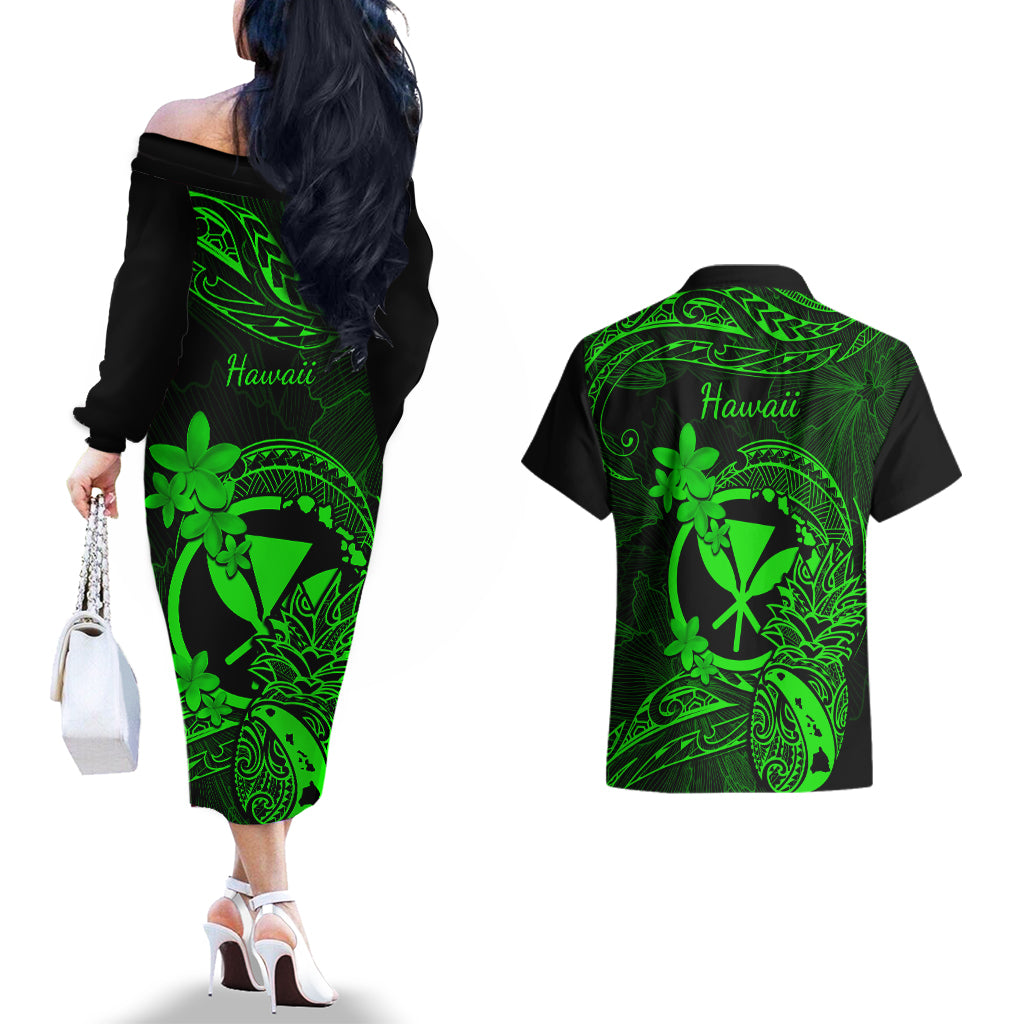 hawaii-couples-matching-off-the-shoulder-long-sleeve-dress-and-hawaiian-shirt-pineapple-mix-polynesian-plumeria-green-version