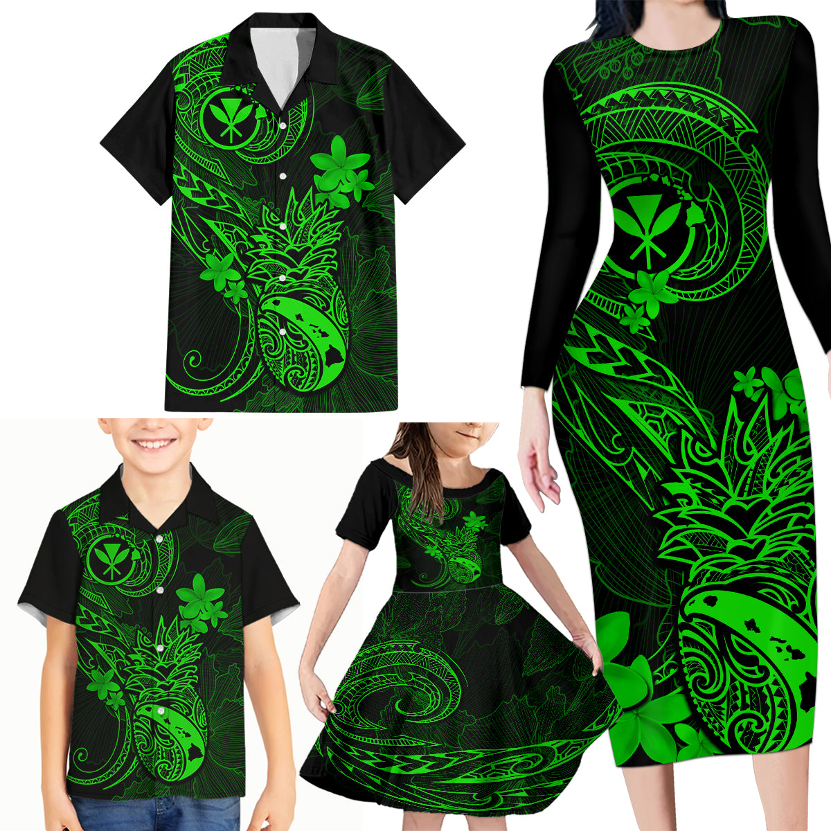 Hawaii Family Matching Long Sleeve Bodycon Dress and Hawaiian Shirt Pineapple Mix Polynesian Plumeria Green Version LT14 - Polynesian Pride
