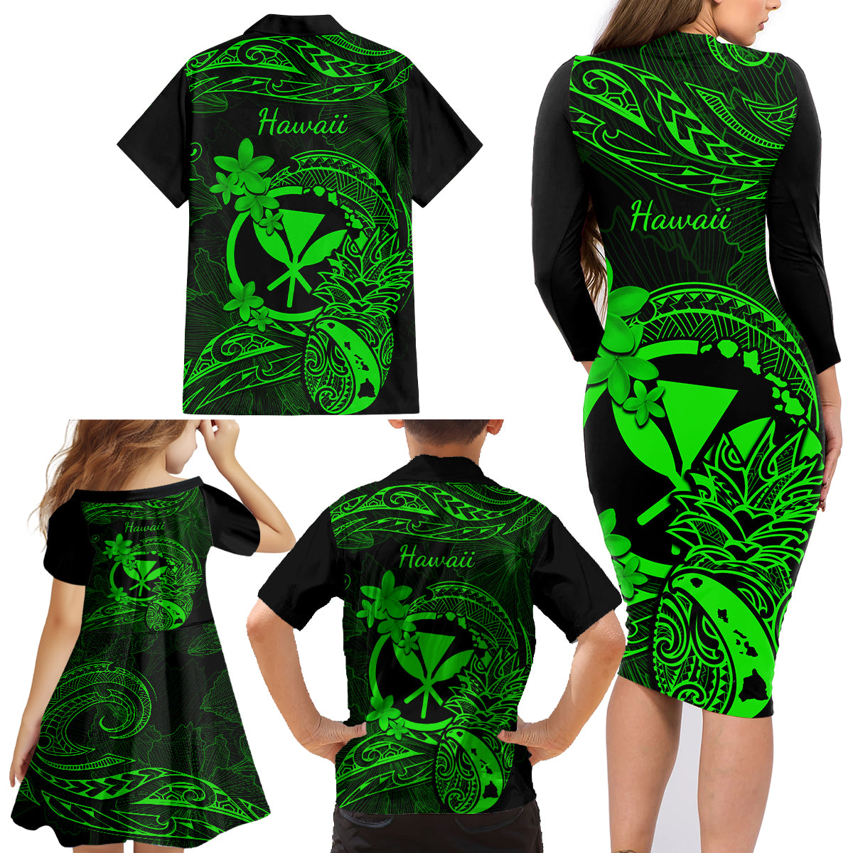 Hawaii Family Matching Long Sleeve Bodycon Dress and Hawaiian Shirt Pineapple Mix Polynesian Plumeria Green Version LT14 - Polynesian Pride
