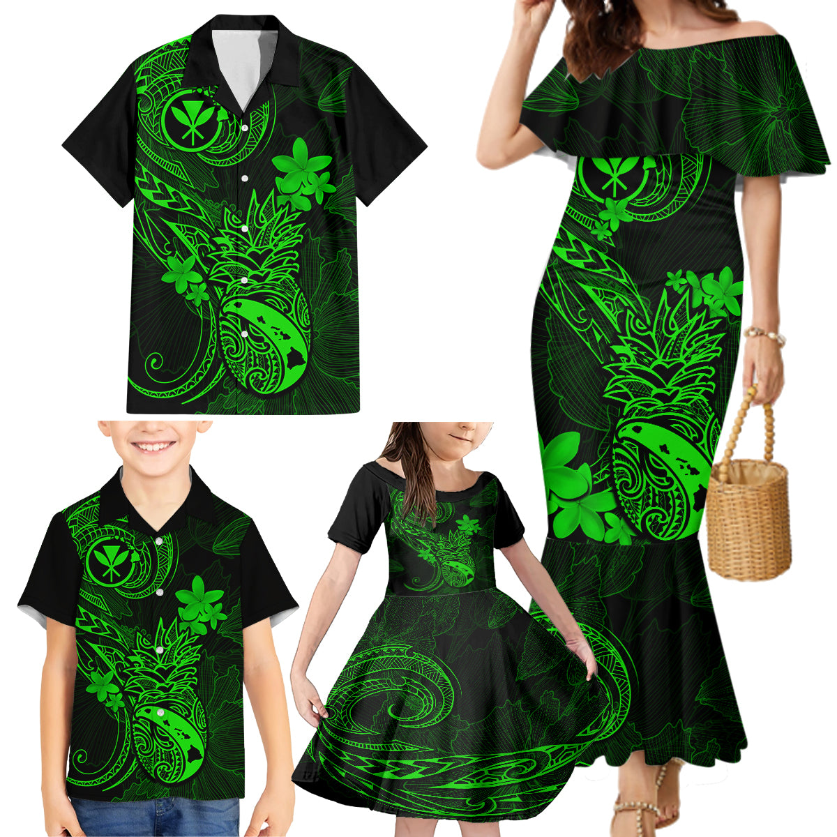 Hawaii Family Matching Mermaid Dress and Hawaiian Shirt Pineapple Mix Polynesian Plumeria Green Version LT14 - Polynesian Pride