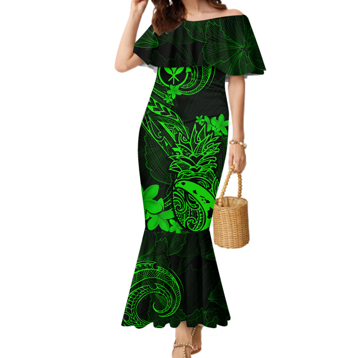 Hawaii Family Matching Mermaid Dress and Hawaiian Shirt Pineapple Mix Polynesian Plumeria Green Version LT14 Mom's Dress Green - Polynesian Pride